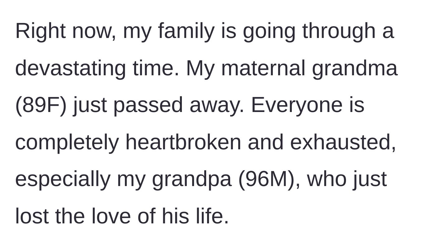 Story part 2 - The family mourns the recent passing of an 89-year-old grandmother, leaving a 96-year-old widower behind.