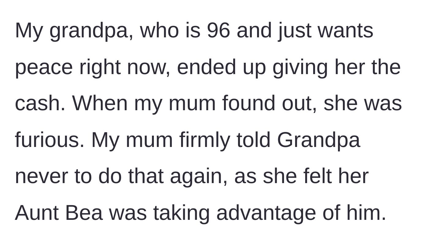 Story part 4 - The grandfather hands over the cash to buy peace, sparking fury from the narrator's mother.
