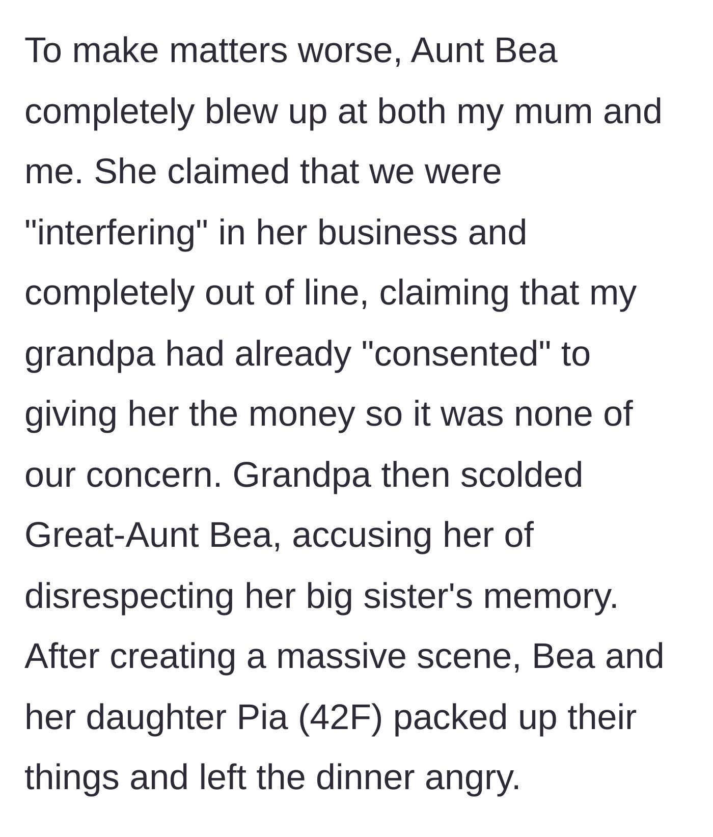 Story part 8 - Aunt Bea erupts defensively, claiming the grandfather consented, before storming out with her daughter.