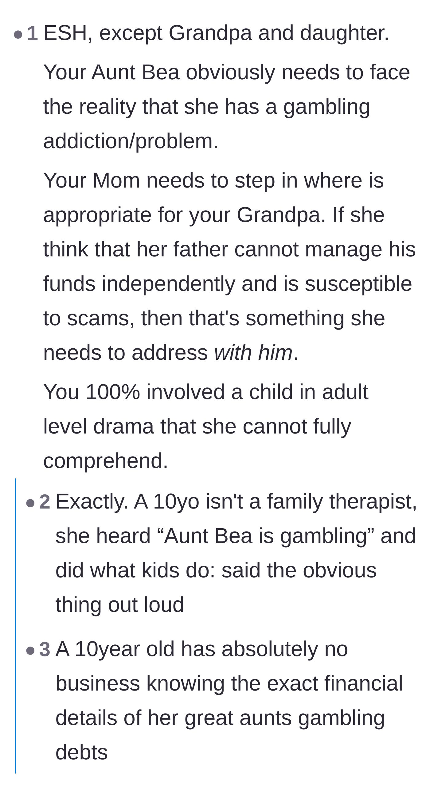 Comment thread debating if the mother was wrong for giving unfiltered adult information to a child who lacks social restraint.