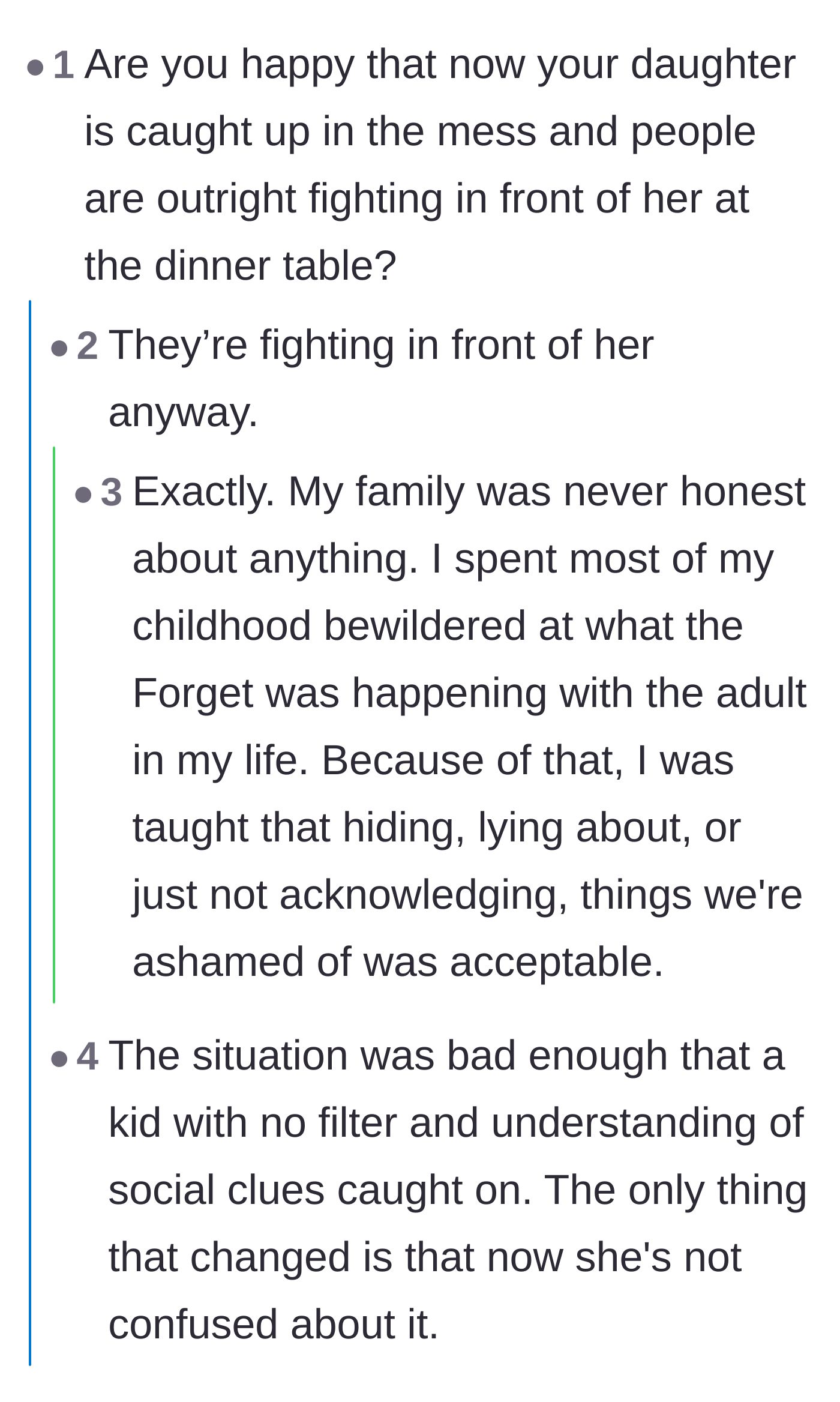 Commenters discussing how hiding obvious family tension from children only breeds anxiety and confusion.