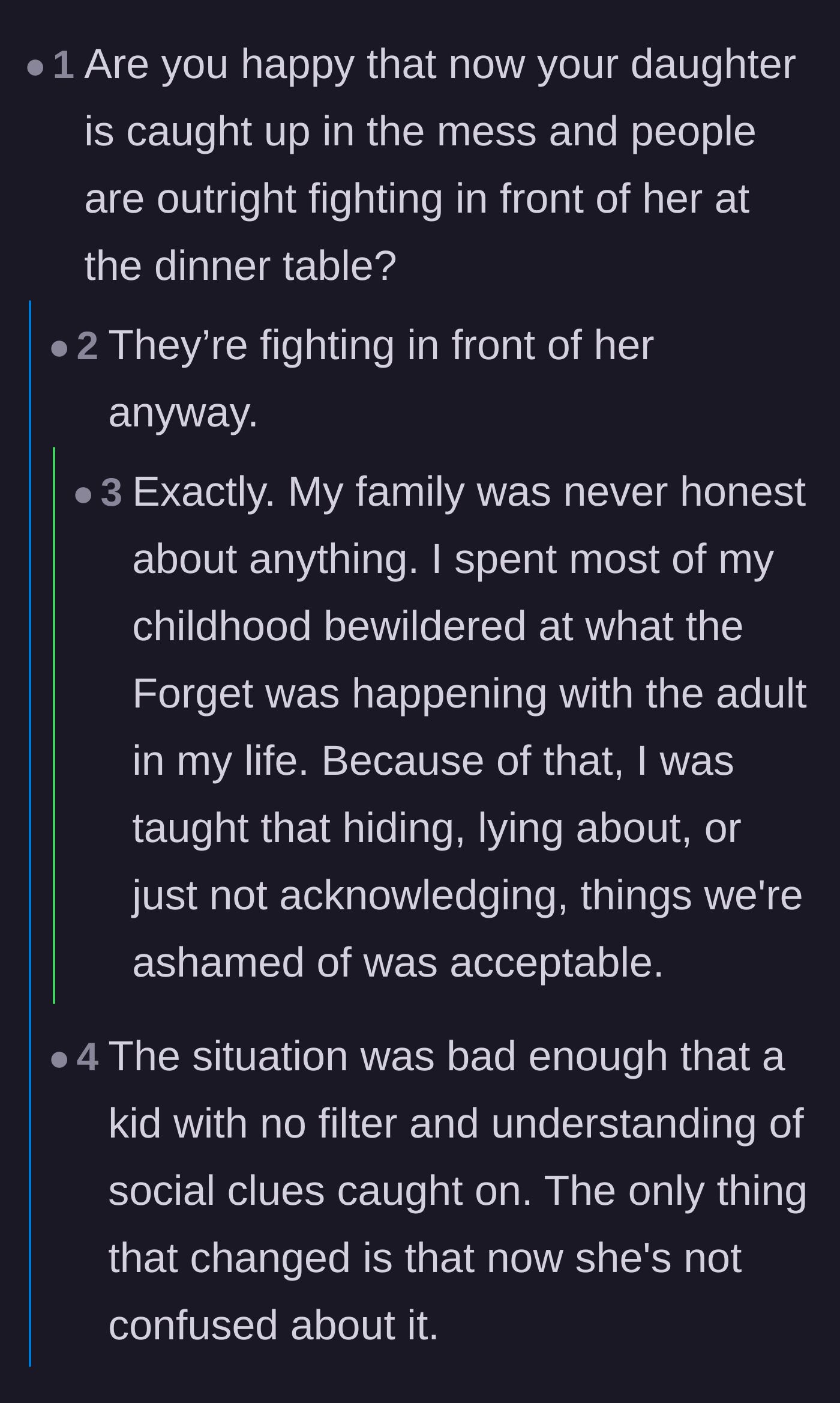 Commenters discussing how hiding obvious family tension from children only breeds anxiety and confusion.