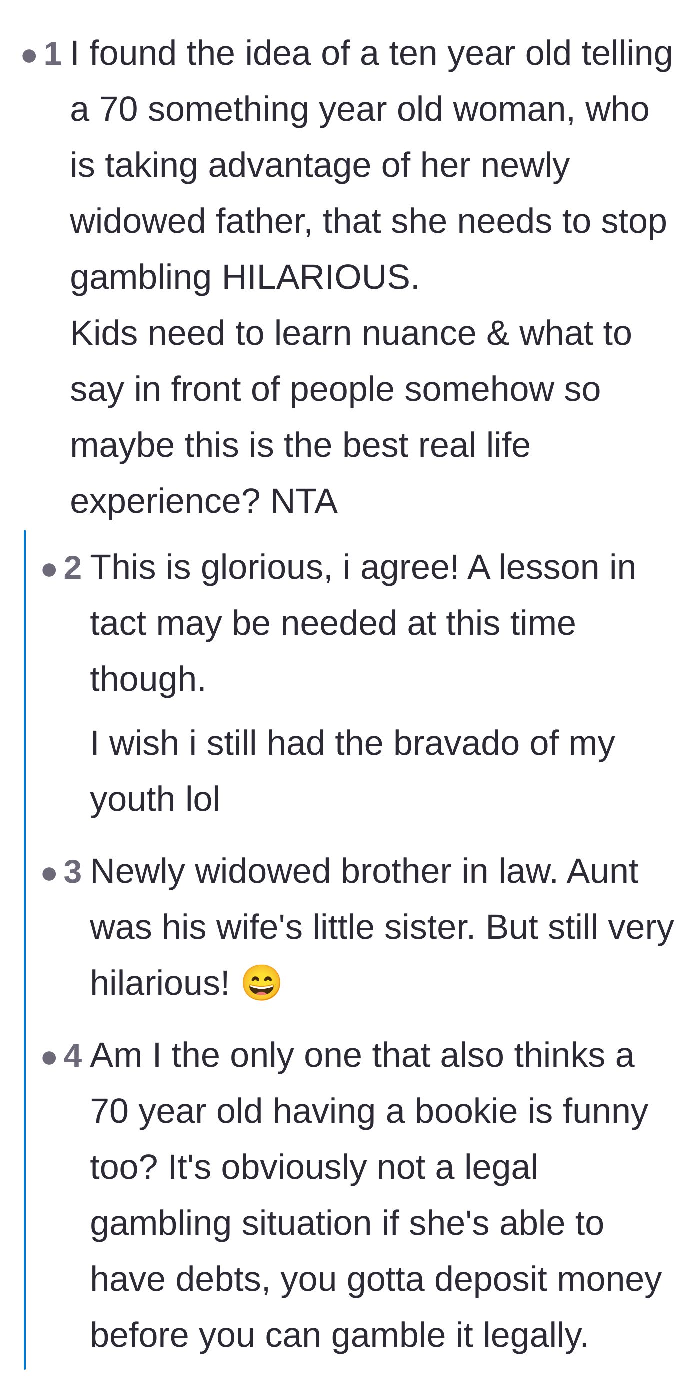 Commenters finding the humor in a small child loudly lecturing an elderly woman about her illegal gambling debts.