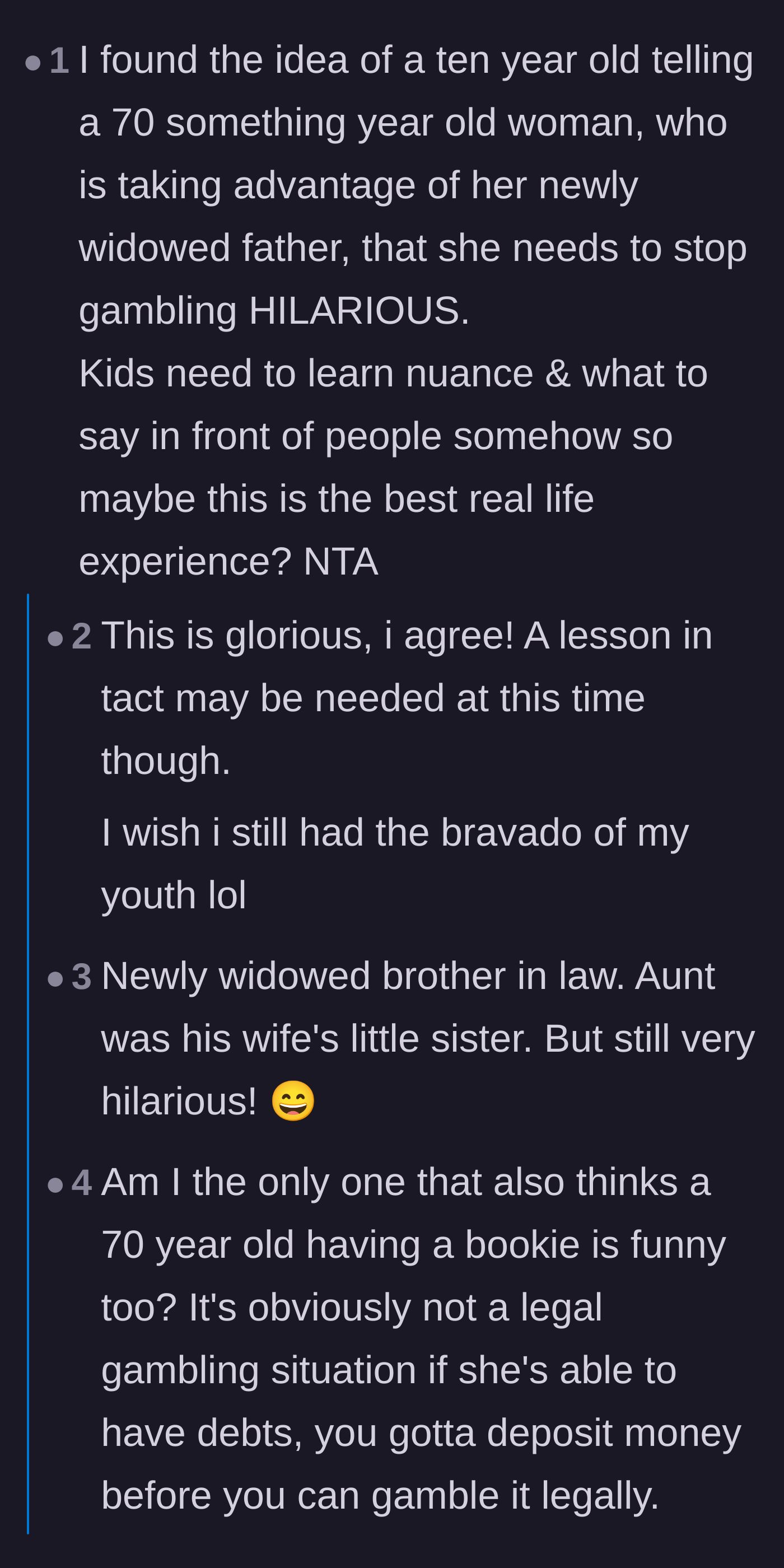Commenters finding the humor in a small child loudly lecturing an elderly woman about her illegal gambling debts.