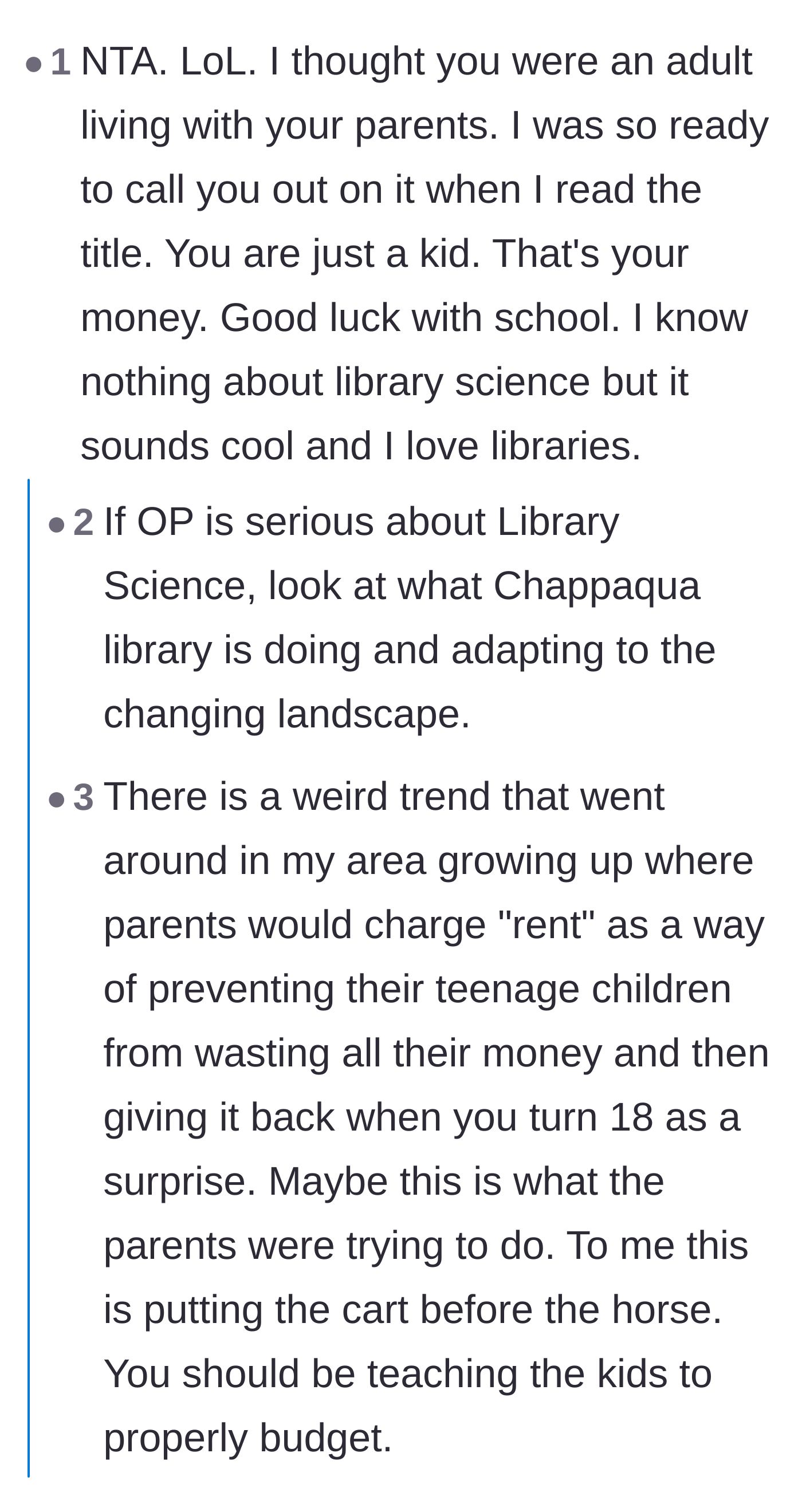 Comment thread 1 - A discussion on the toxic trend of parents charging kids rent to 'teach a lesson,' noting how it breeds resentment and isolates teenagers.