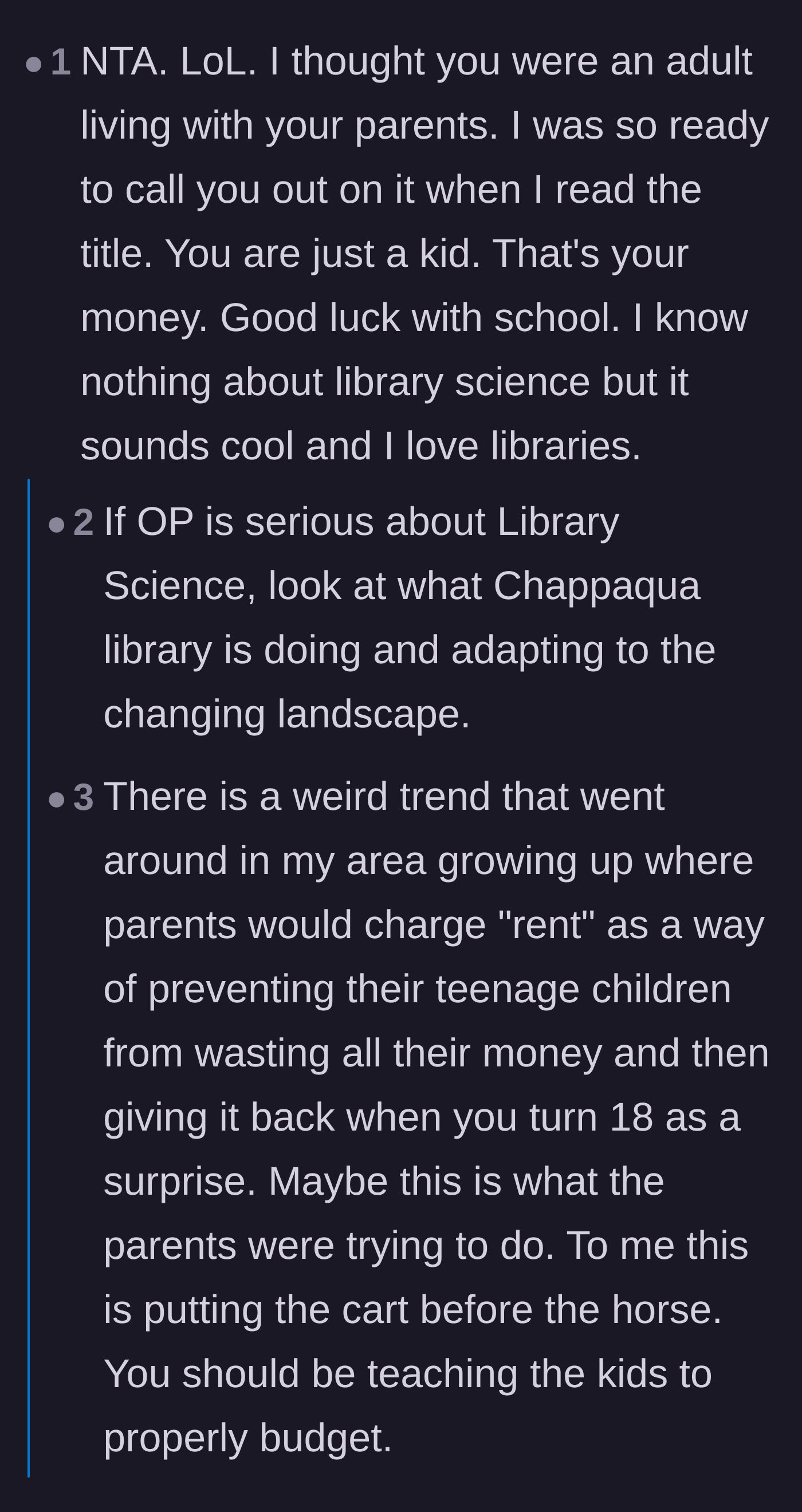 Comment thread 1 - A discussion on the toxic trend of parents charging kids rent to 'teach a lesson,' noting how it breeds resentment and isolates teenagers.
