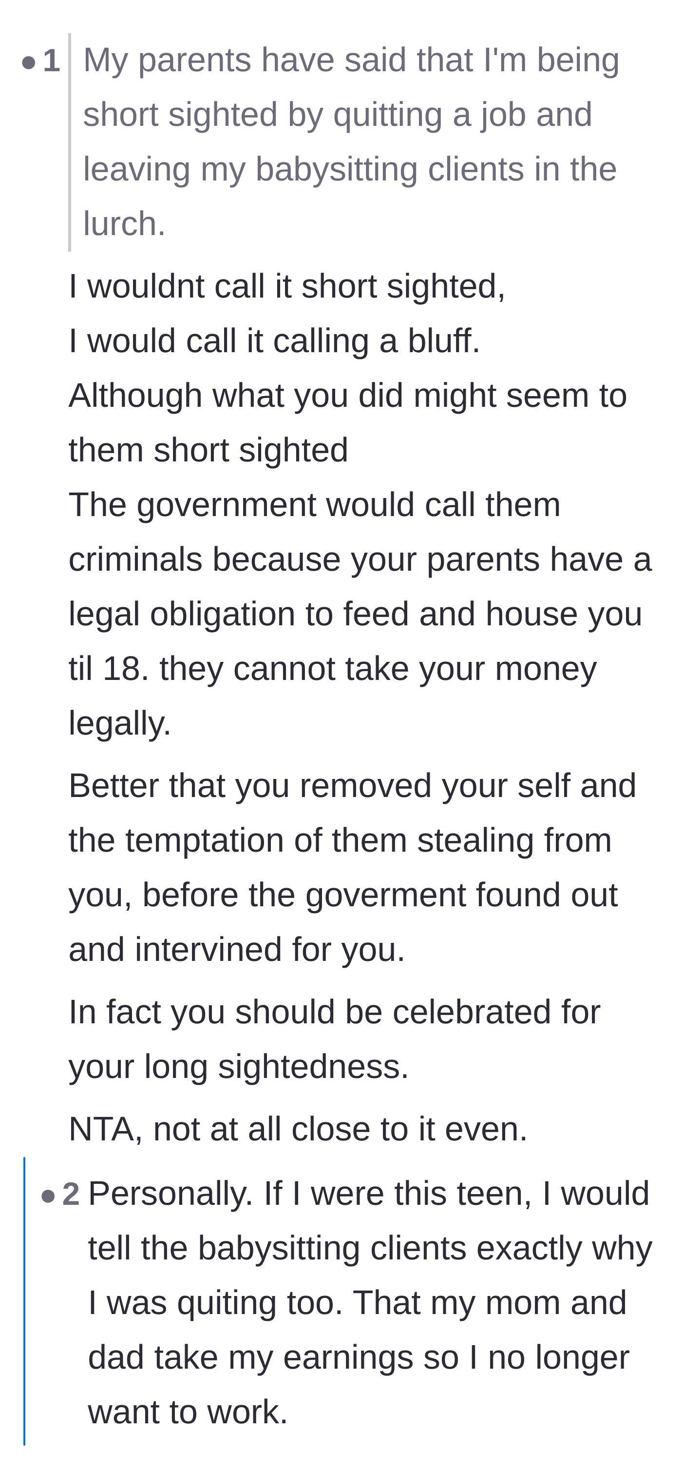 Comment thread 3 - A debate analyzing the teenager's decision to quit as a brilliant negotiation tactic, followed by a depressing reality check on minor labor laws.