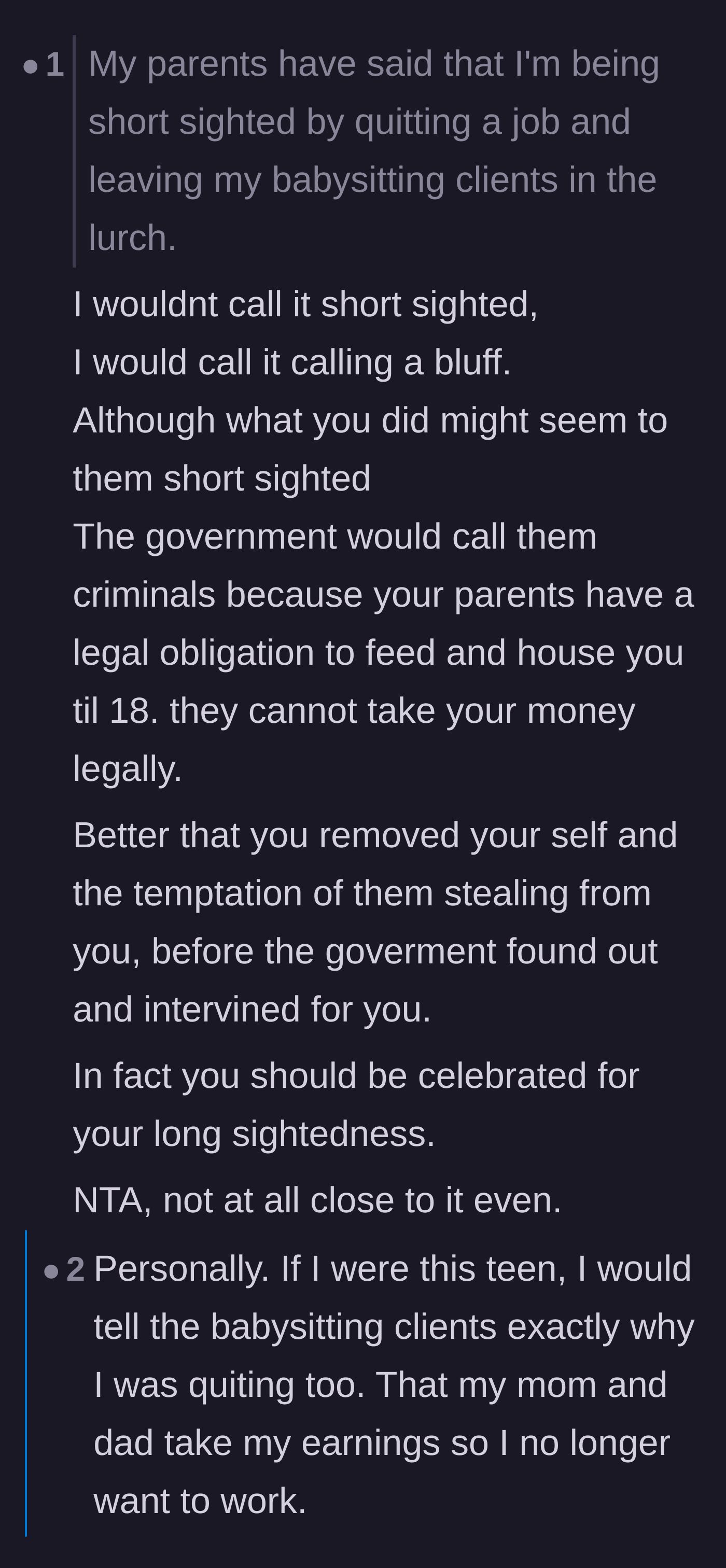 Comment thread 3 - A debate analyzing the teenager's decision to quit as a brilliant negotiation tactic, followed by a depressing reality check on minor labor laws.
