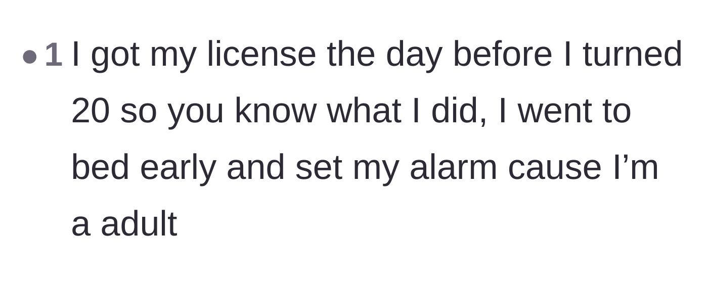 Comment thread 2 - A user sharing how they responsibly prepared for their own driving test as a young adult.