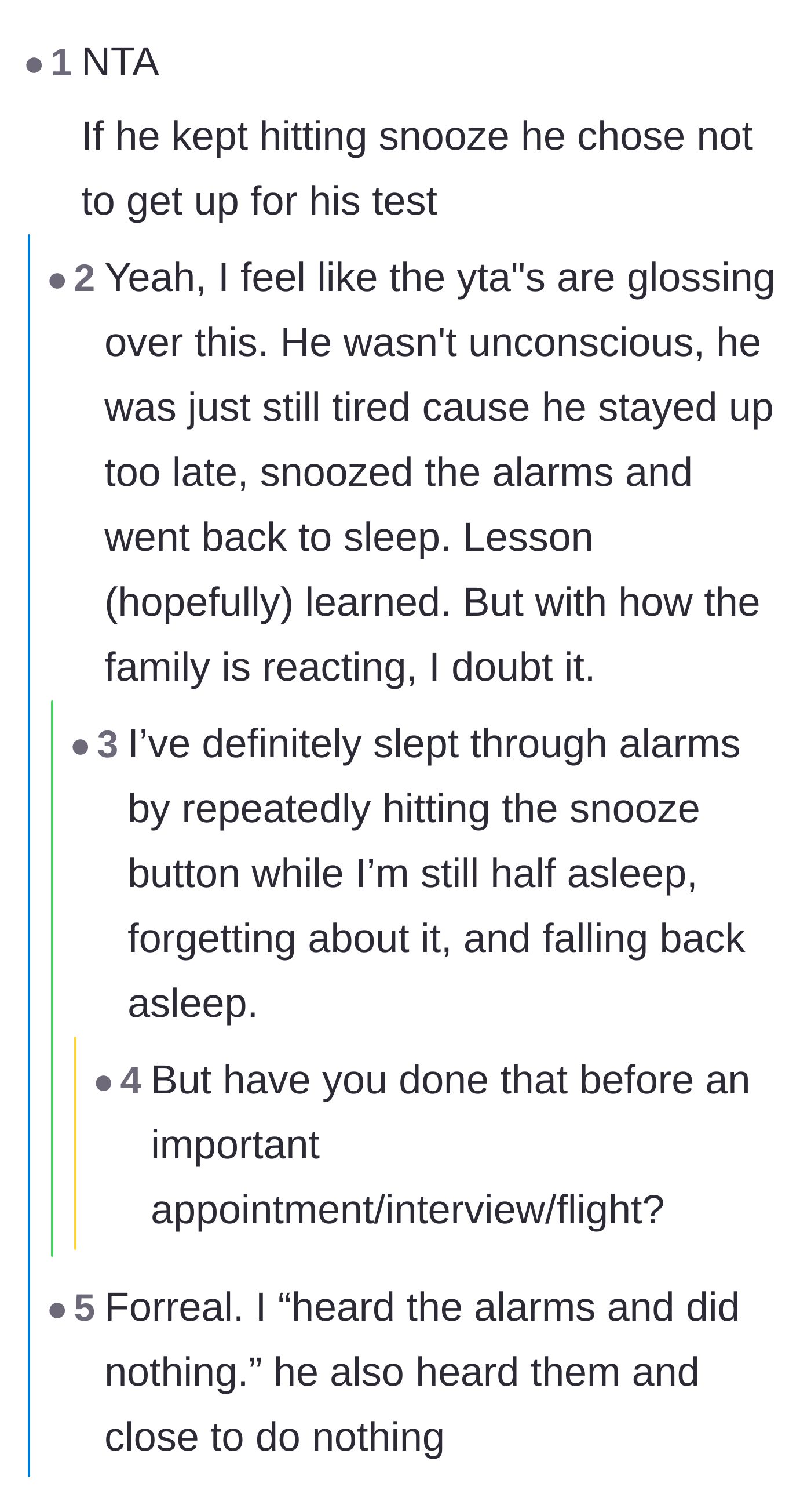 Comment thread 4 - A debate pointing out that repeatedly hitting the snooze button is an active choice, not an accident.