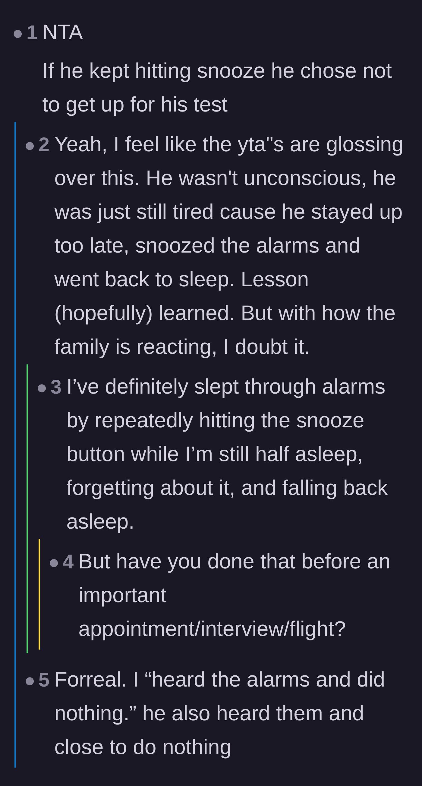 Comment thread 4 - A debate pointing out that repeatedly hitting the snooze button is an active choice, not an accident.