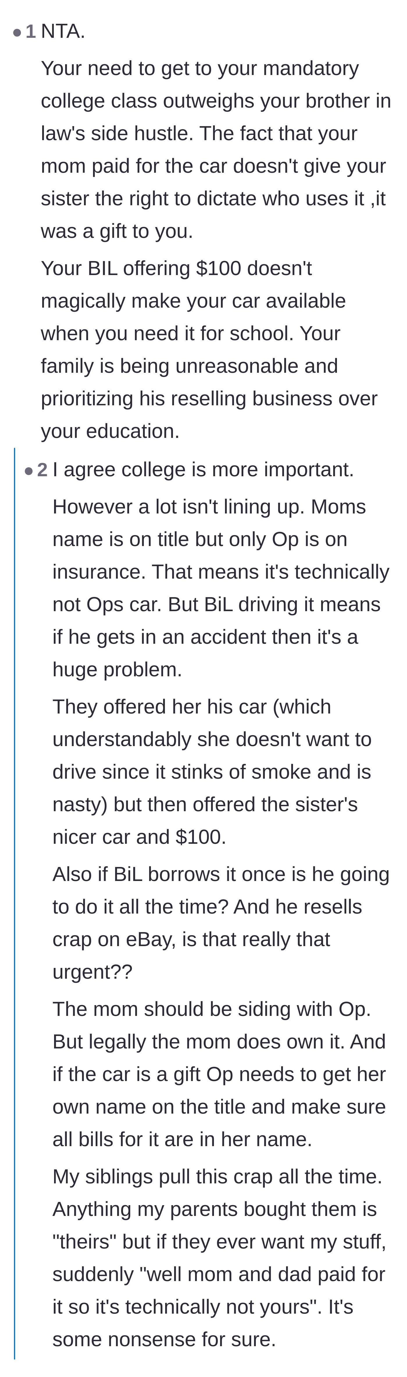 Comment thread 1 - A discussion breaking down the unfair double standard of parental gifts and the headache of car insurance liability.