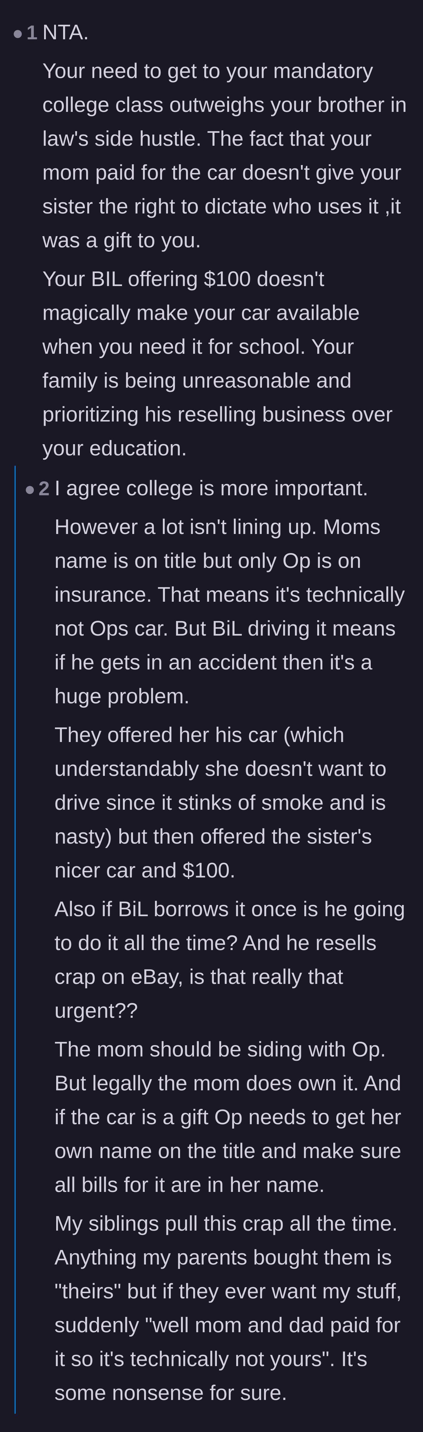 Comment thread 1 - A discussion breaking down the unfair double standard of parental gifts and the headache of car insurance liability.