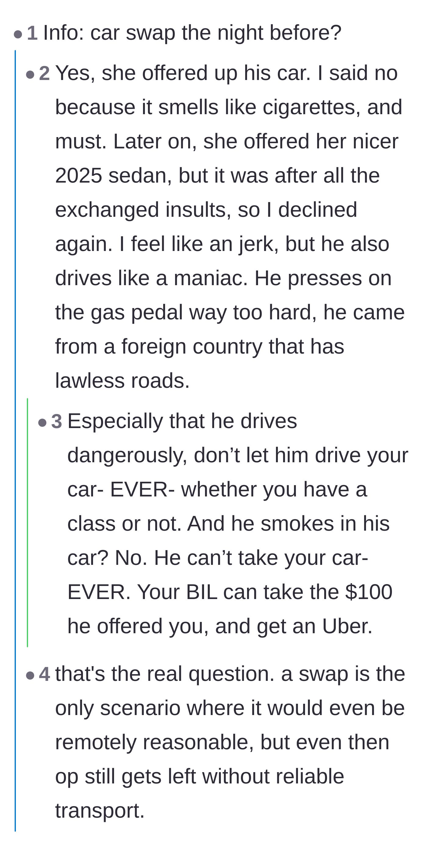 Comment thread 2 - Readers reacting to the brother-in-law's terrible driving and smelly car, advising the student to hide her keys.