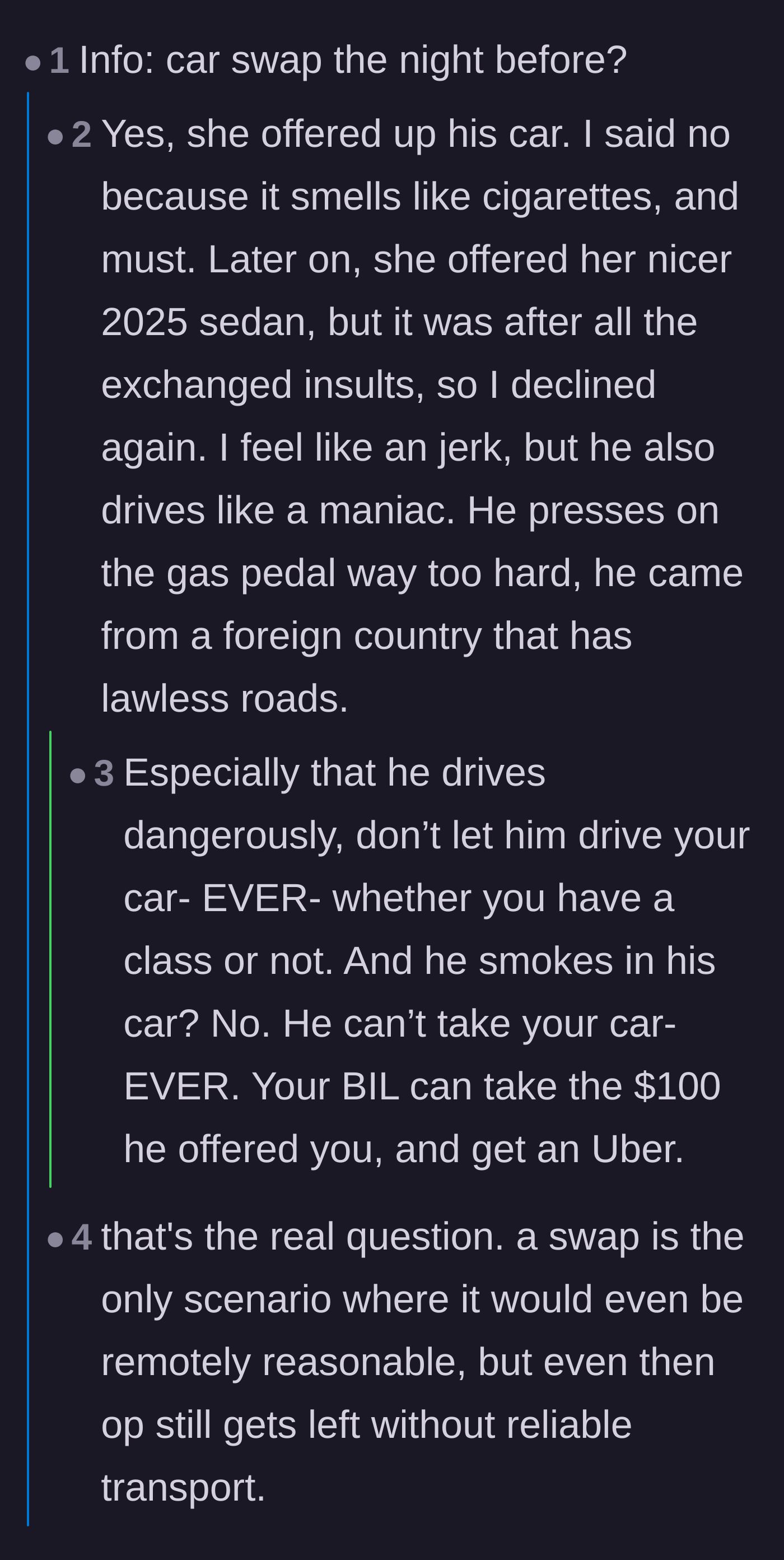Comment thread 2 - Readers reacting to the brother-in-law's terrible driving and smelly car, advising the student to hide her keys.