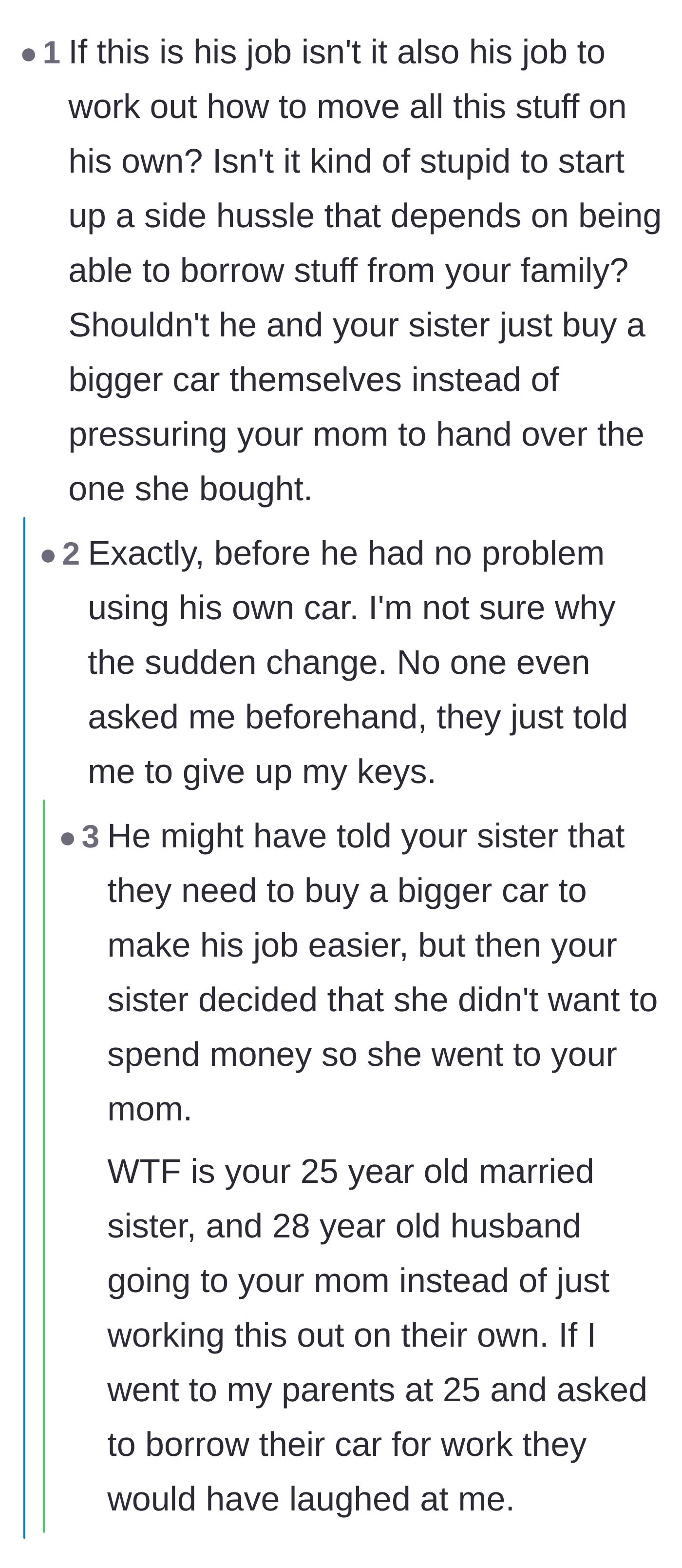 Comment thread 5 - A critical breakdown of the brother-in-law's flawed business model of relying on borrowed family cars.