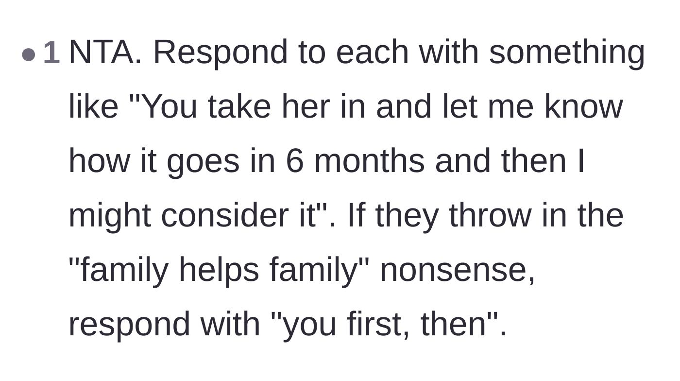 Comment thread 1 - A user suggests flipping the family's logic by telling them to take the relative in first.