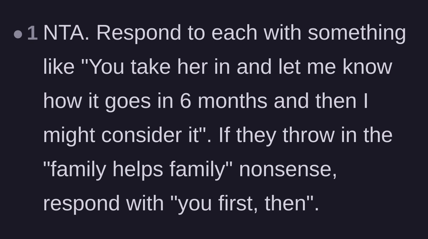 Comment thread 1 - A user suggests flipping the family's logic by telling them to take the relative in first.