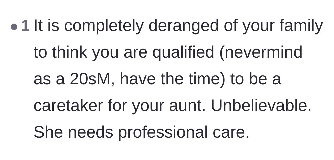Comment thread 3 - A user calling the family's expectation that a 20-something can provide full-time psychiatric care completely deranged.