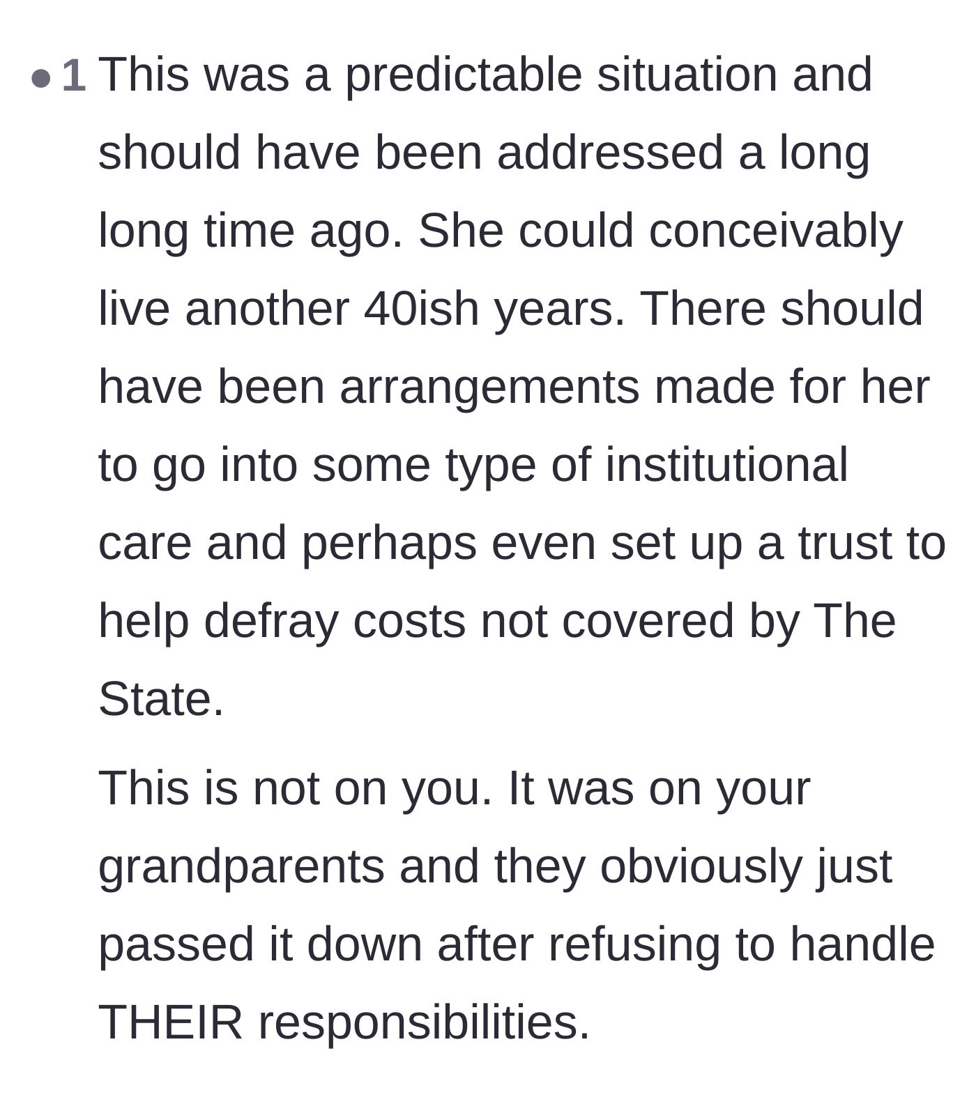 Comment thread 4 - A user pointing out that the grandparents failed to make institutional arrangements and simply passed the burden down.
