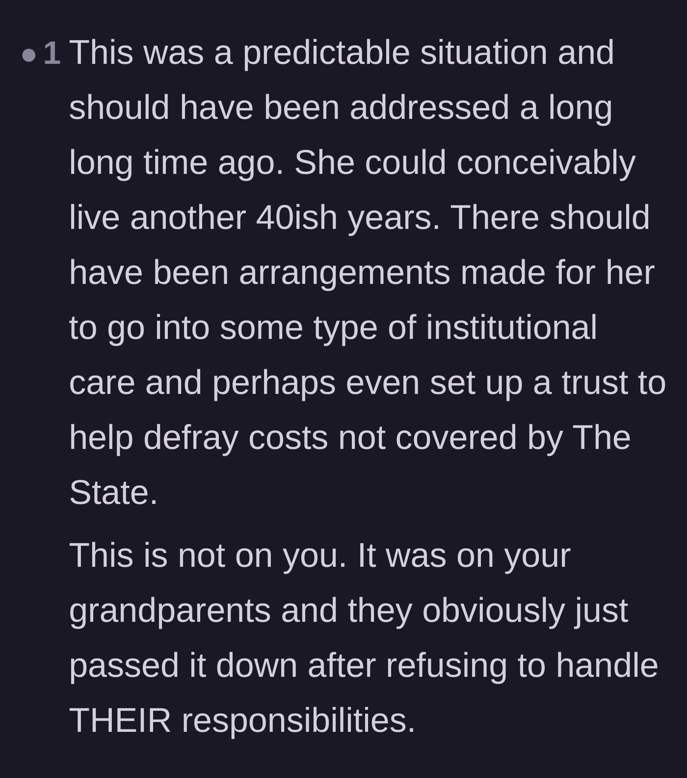 Comment thread 4 - A user pointing out that the grandparents failed to make institutional arrangements and simply passed the burden down.