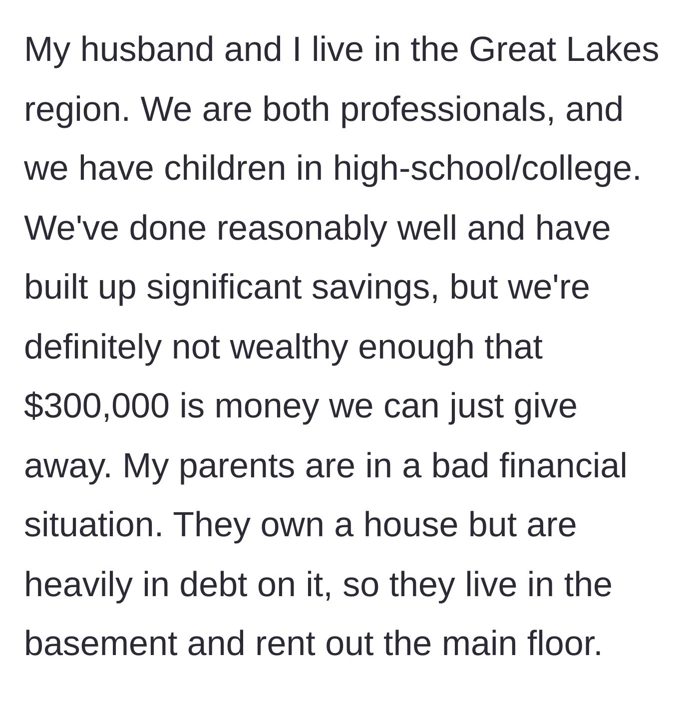 Story part 1 - A middle-aged couple reviewing their savings while picturing elderly parents in a cramped basement.