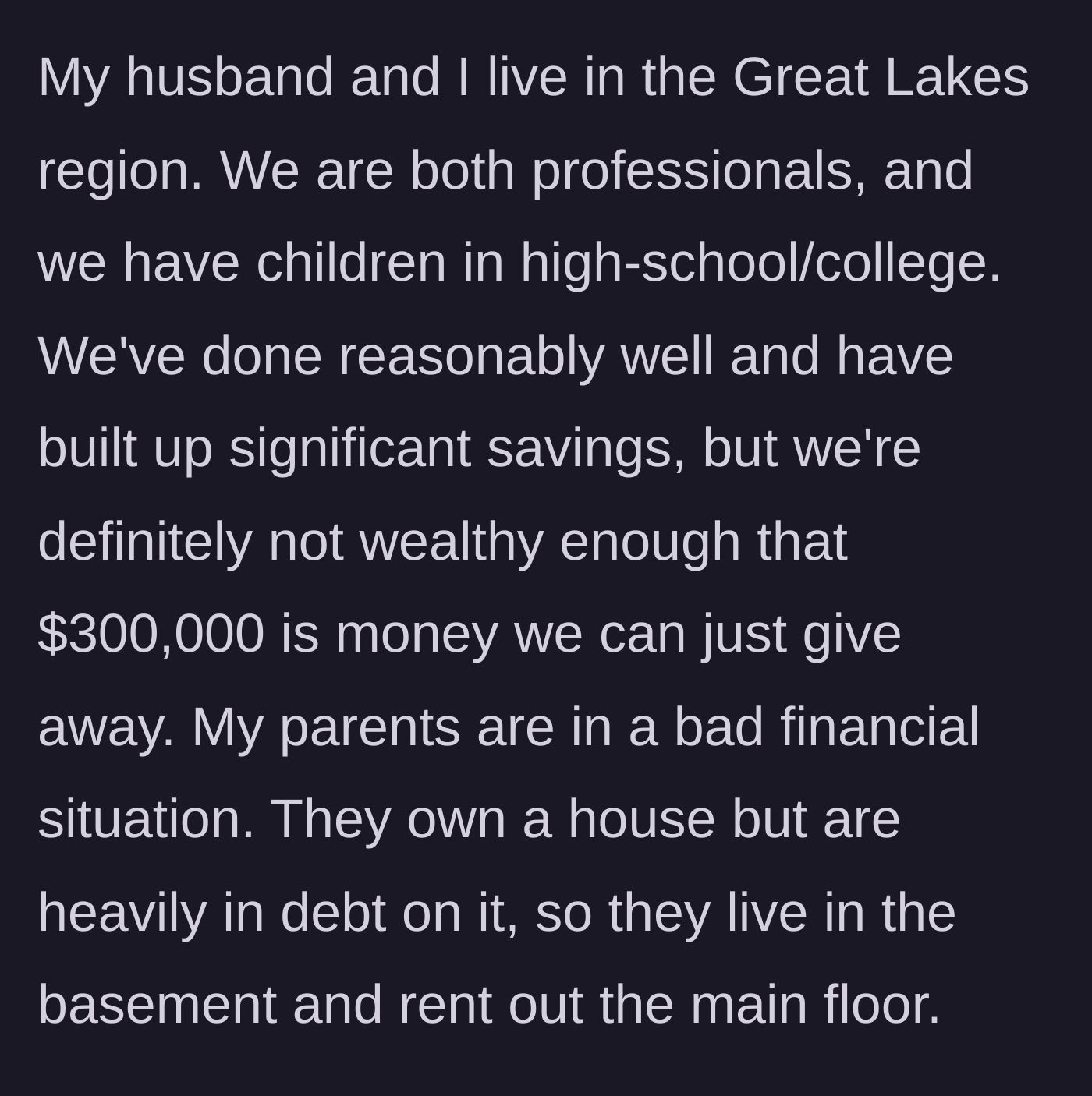 Story part 1 - A middle-aged couple reviewing their savings while picturing elderly parents in a cramped basement.