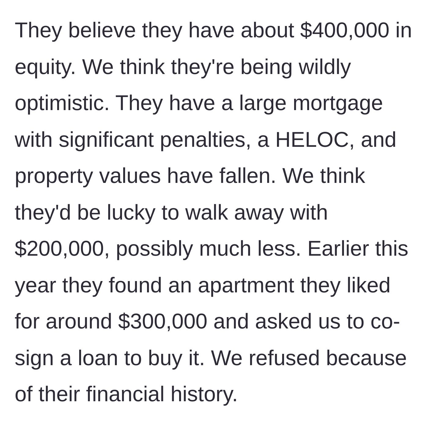 Story part 2 - A chart showing a crashing property value next to a denied loan application.