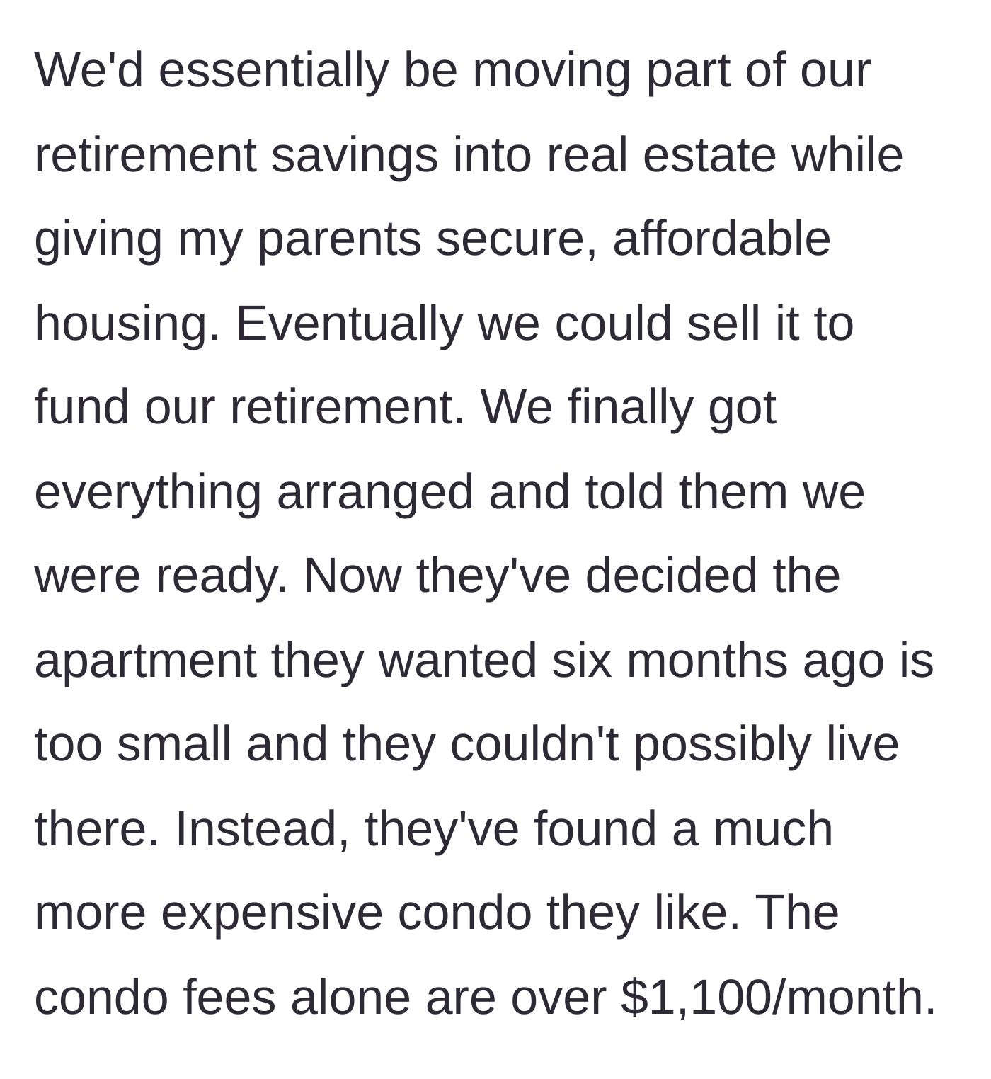 Story part 4 - Elderly parents turning their noses up at a modest apartment to look at a luxury condo brochure.