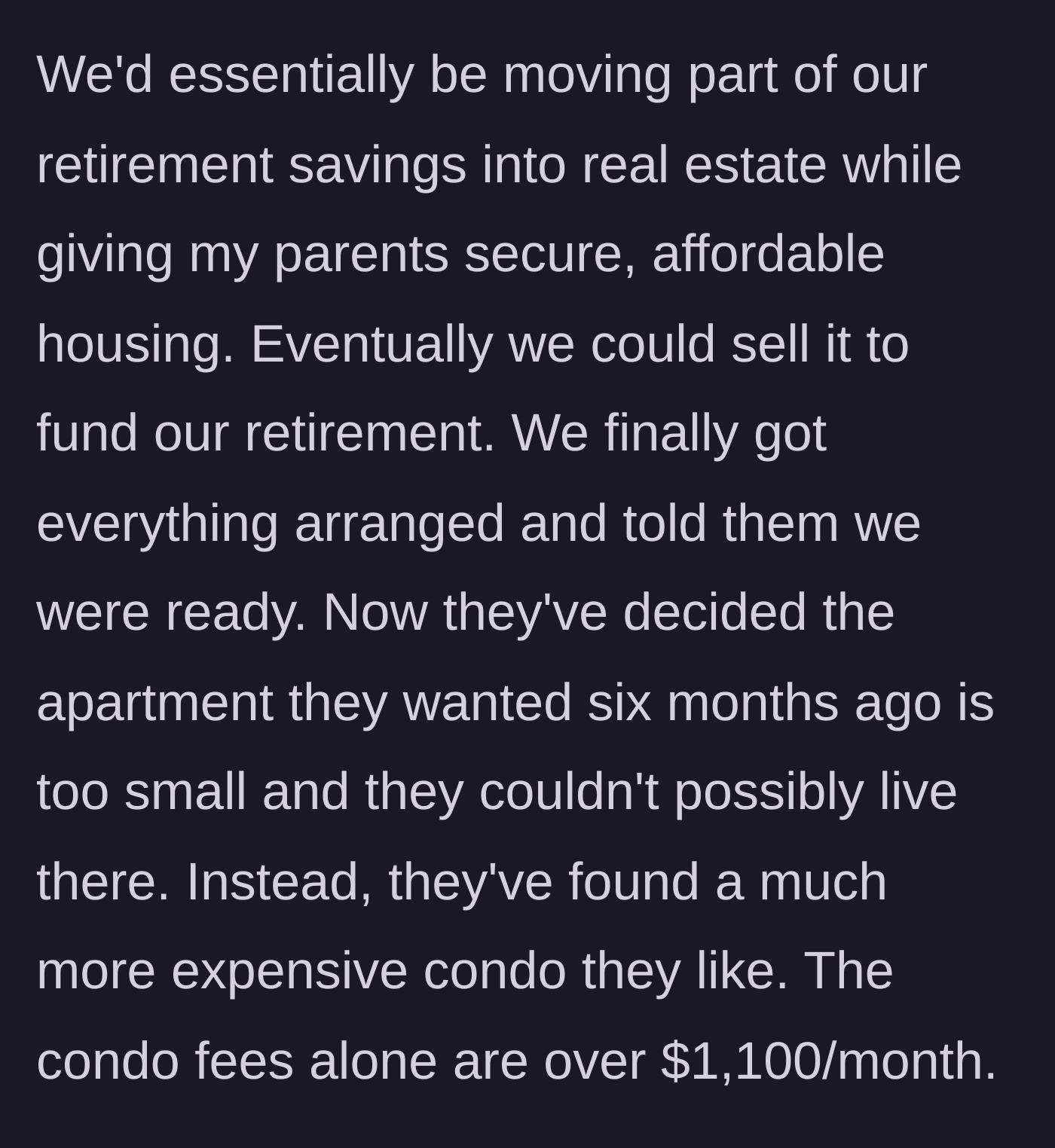 Story part 4 - Elderly parents turning their noses up at a modest apartment to look at a luxury condo brochure.