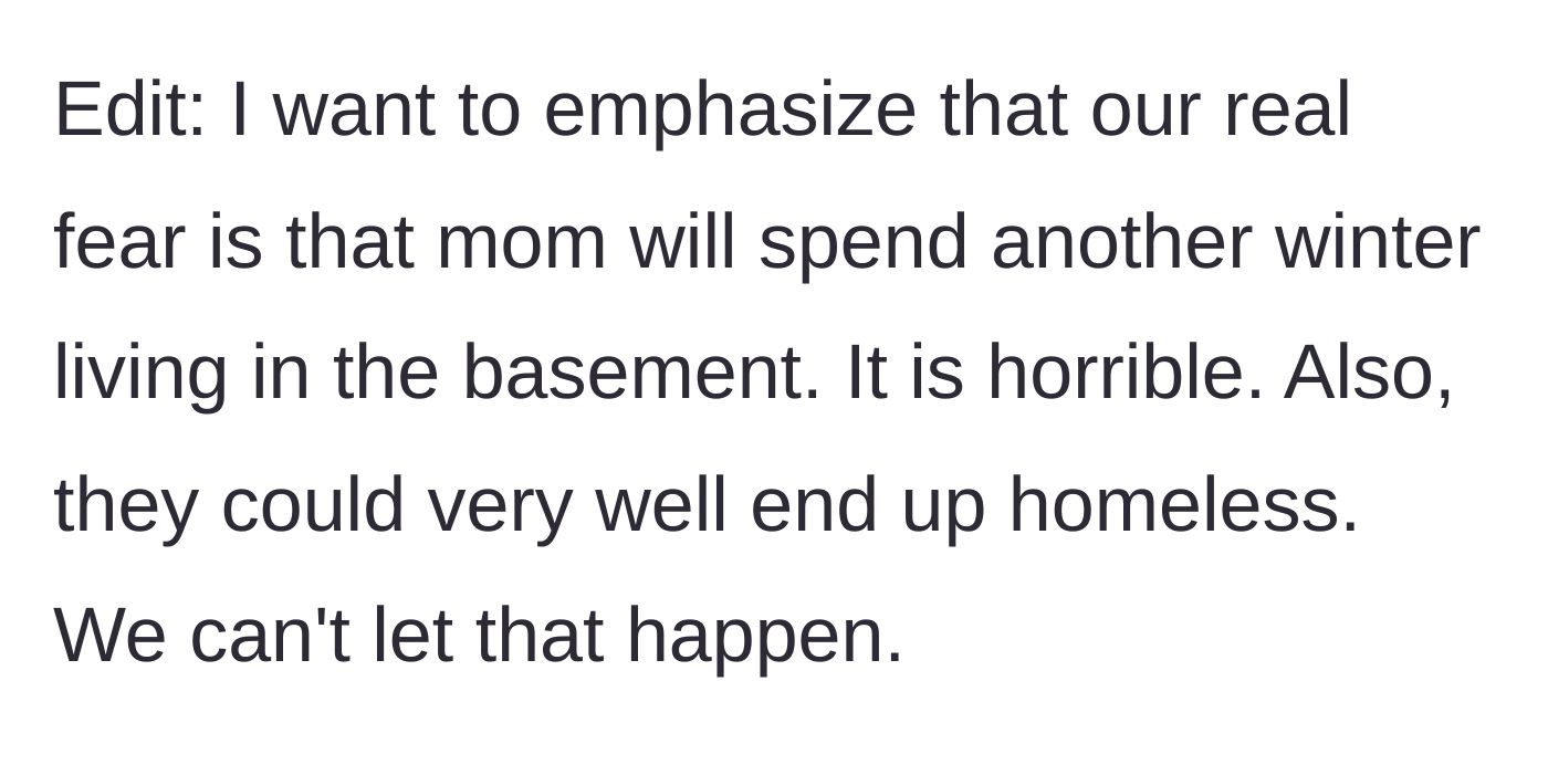 Story part 7 - A cold, dark basement apartment symbolizing the mother's bleak winter.
