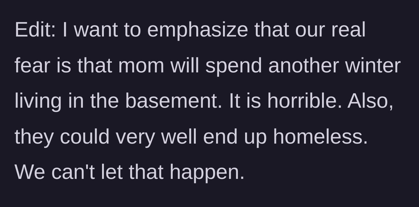 Story part 7 - A cold, dark basement apartment symbolizing the mother's bleak winter.