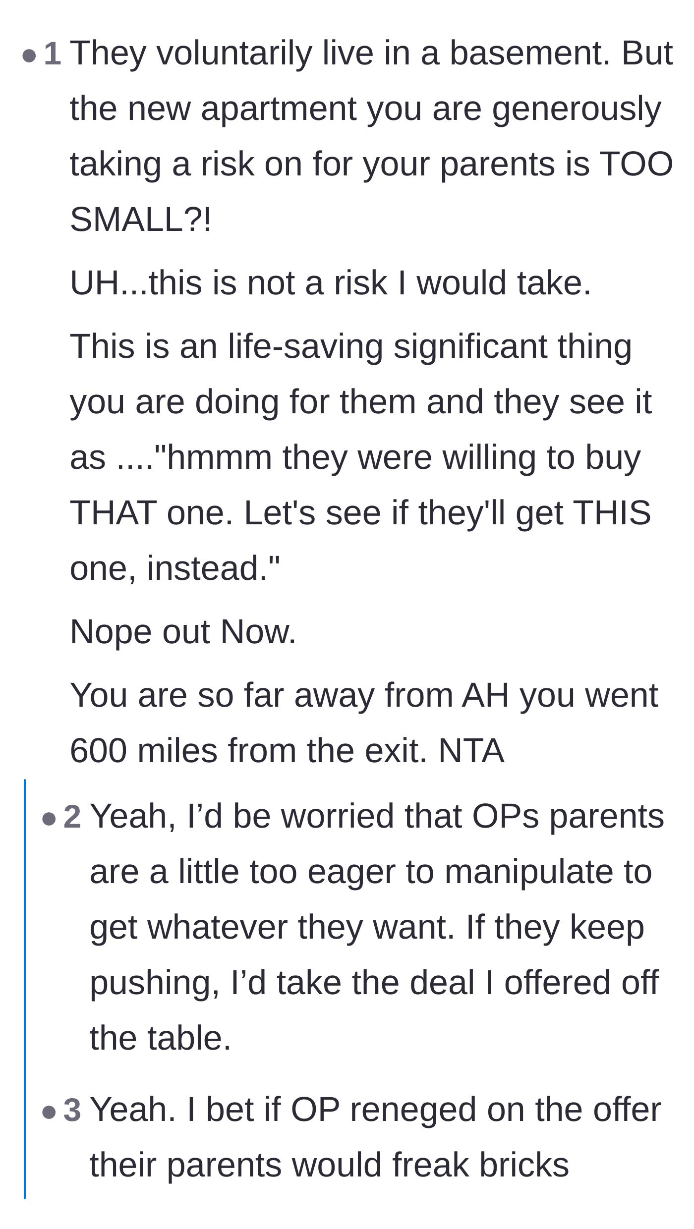 Comment thread 4 - A discussion about the parents' manipulative tactics and moving the goalposts on a major financial favor.