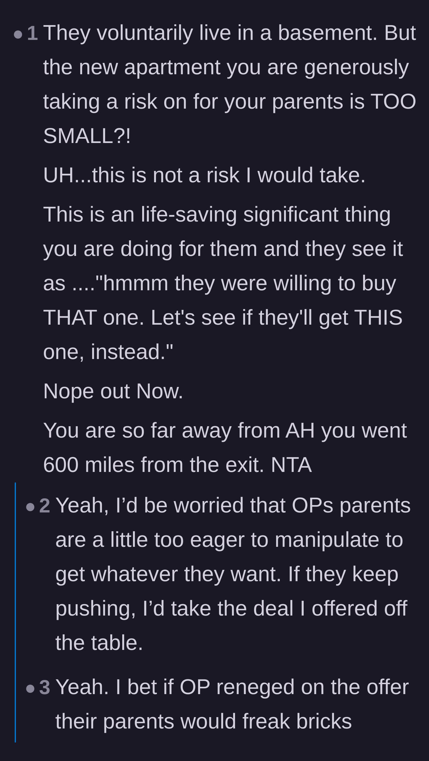 Comment thread 4 - A discussion about the parents' manipulative tactics and moving the goalposts on a major financial favor.