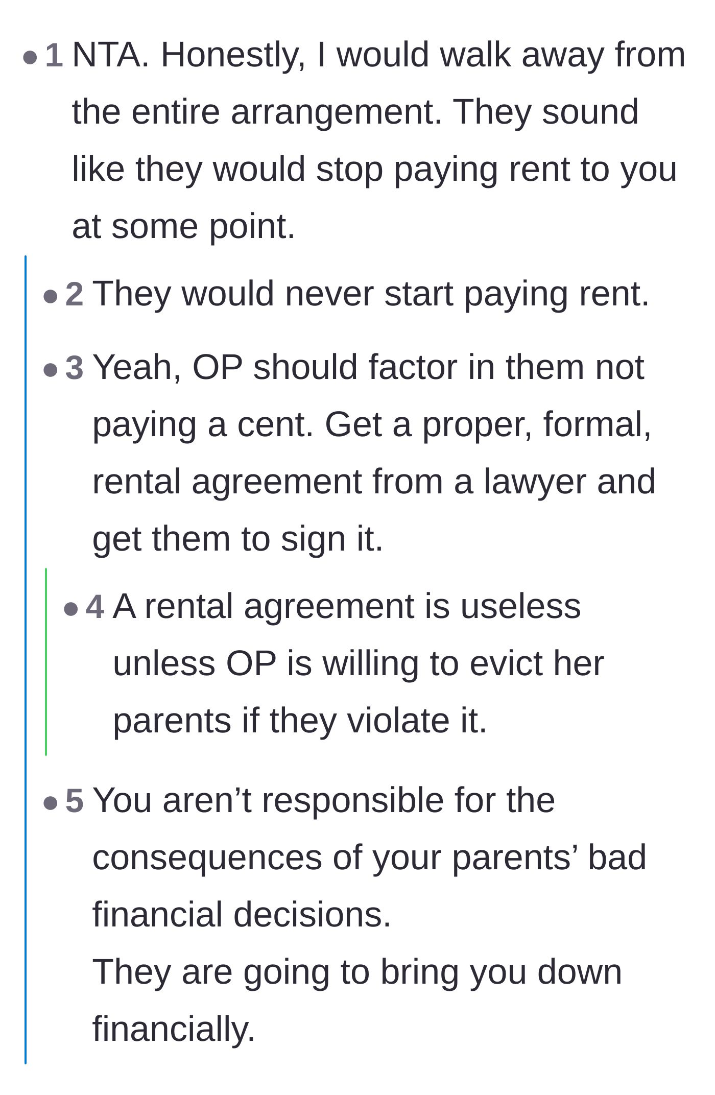 Comment thread 5 - Readers bluntly predicting the parents will never pay rent and warning against taking on the burden of their bad choices.