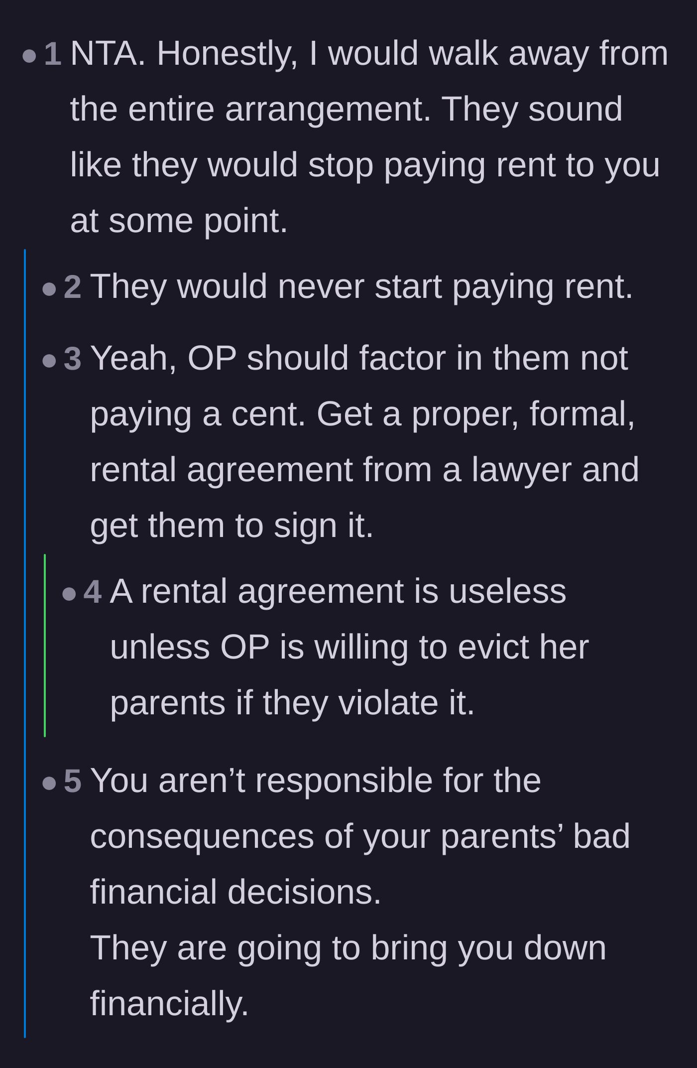 Comment thread 5 - Readers bluntly predicting the parents will never pay rent and warning against taking on the burden of their bad choices.