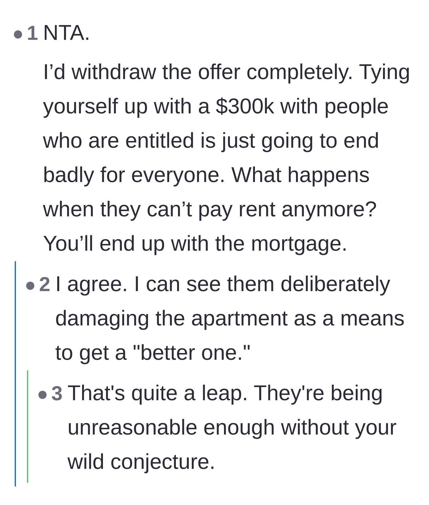 Comment thread 6 - A debate on the long-term financial risks of being a landlord to family, including the potential for deliberate property damage.