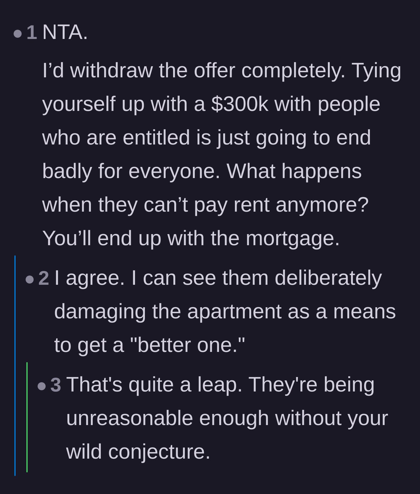 Comment thread 6 - A debate on the long-term financial risks of being a landlord to family, including the potential for deliberate property damage.