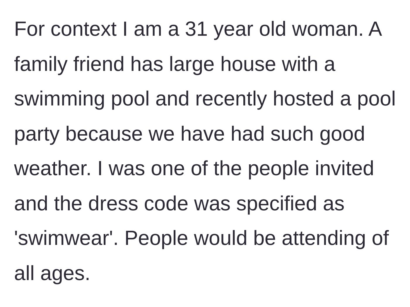Story part 1 - The invitation details for a summer pool party clearly stating the dress code is 'swimwear'.