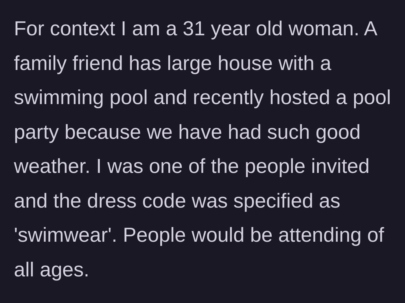 Story part 1 - The invitation details for a summer pool party clearly stating the dress code is 'swimwear'.