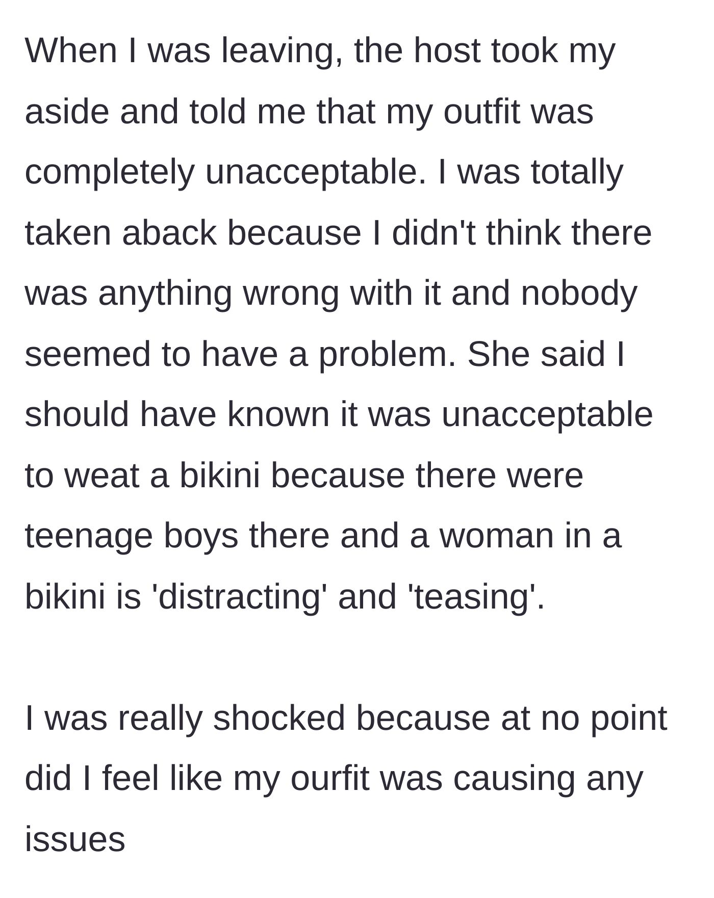 Story part 3 - The host cornering the guest as she leaves to harshly scold her for distracting the teenage boys with her outfit.