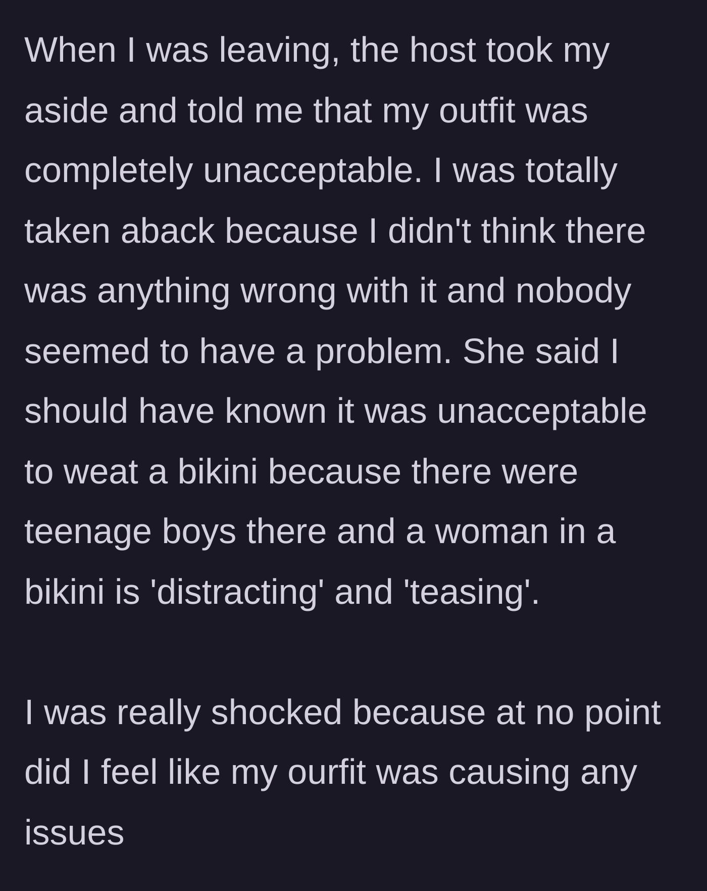 Story part 3 - The host cornering the guest as she leaves to harshly scold her for distracting the teenage boys with her outfit.