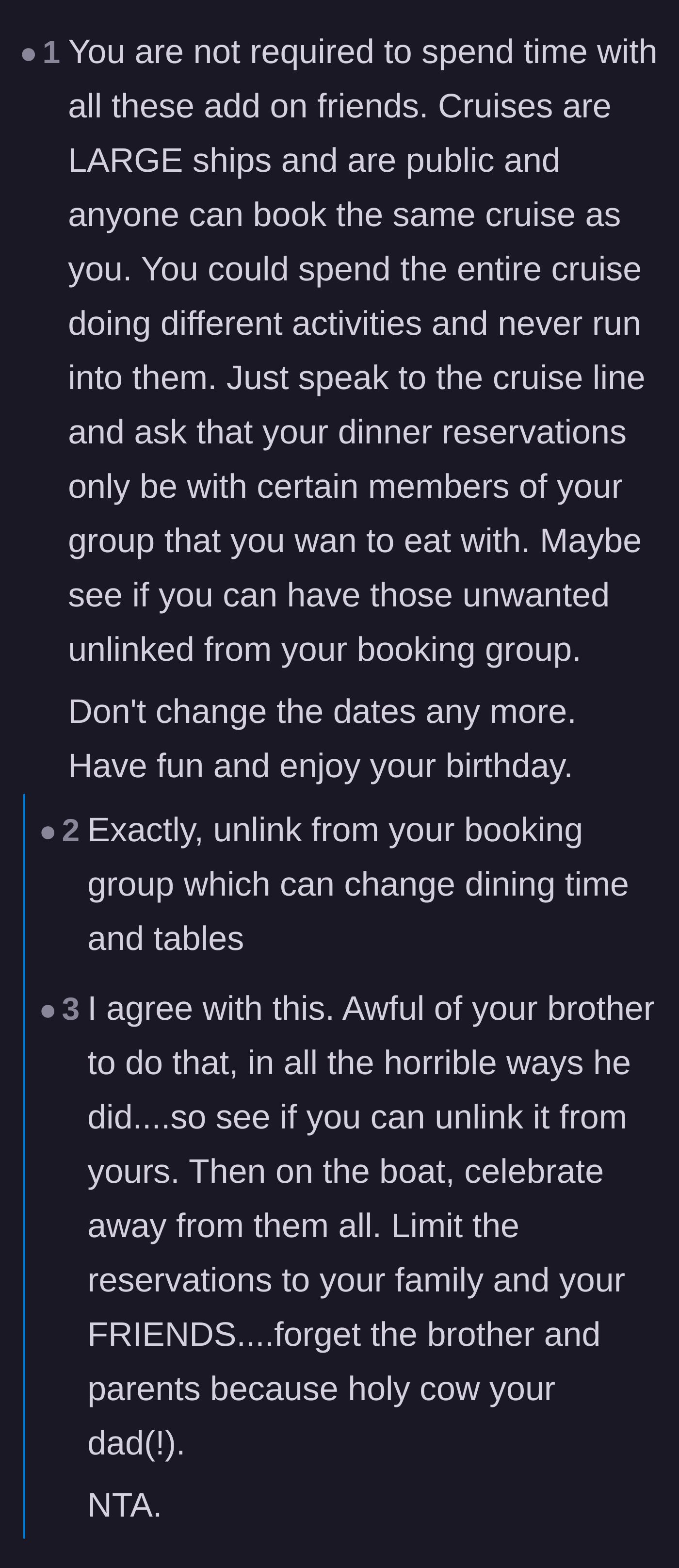 Comment thread 1 - Advice on how to unlink the reservations and ghost the brother on the ship