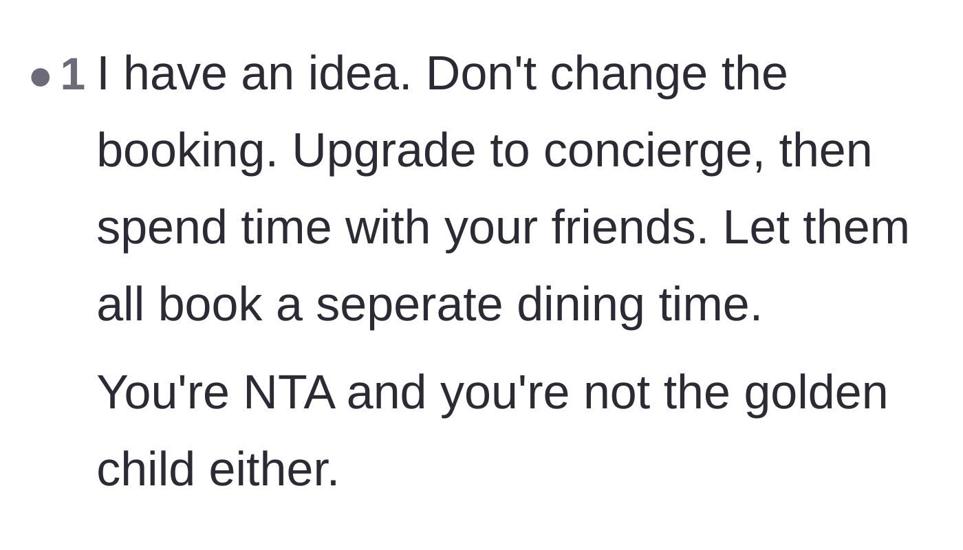 Comment thread 4 - Suggesting upgrading to a concierge suite and letting the brother fend for himself