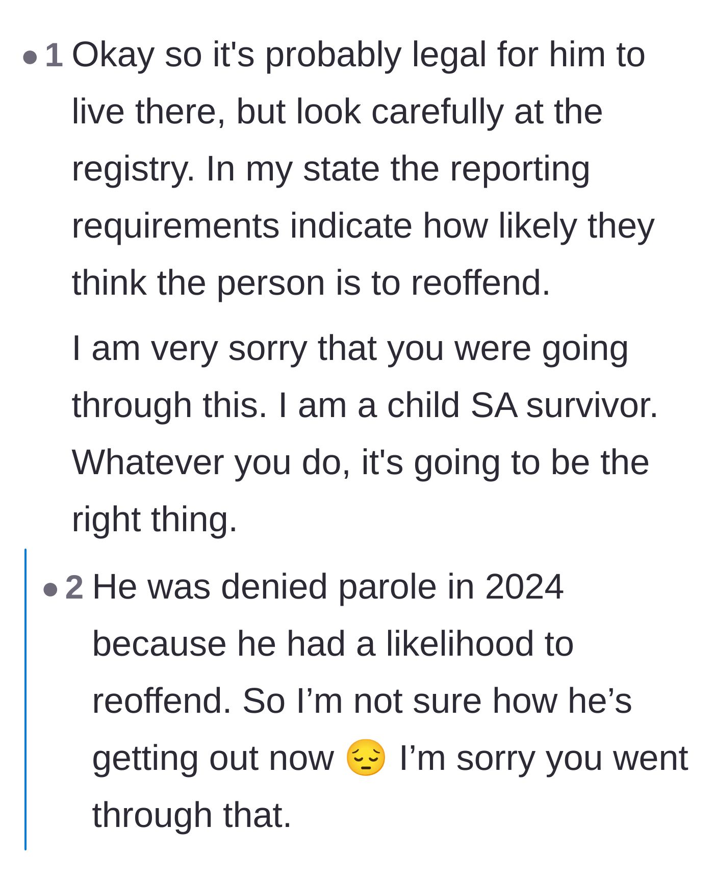 Comment thread 2 - A discussion led by a survivor about registry details, the grim reality of reoffense statistics, and practical safety measures.