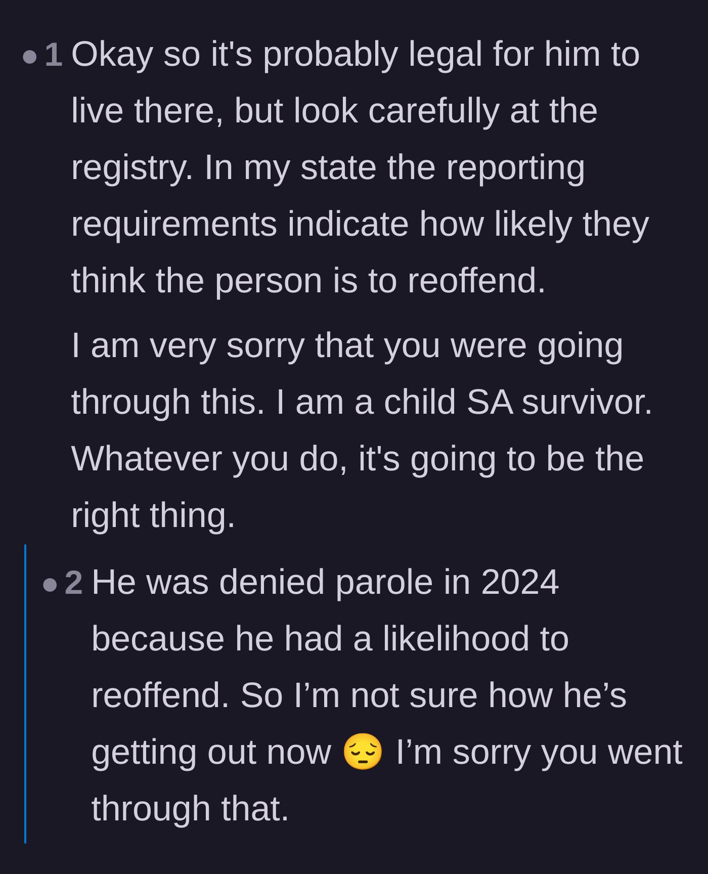 Comment thread 2 - A discussion led by a survivor about registry details, the grim reality of reoffense statistics, and practical safety measures.