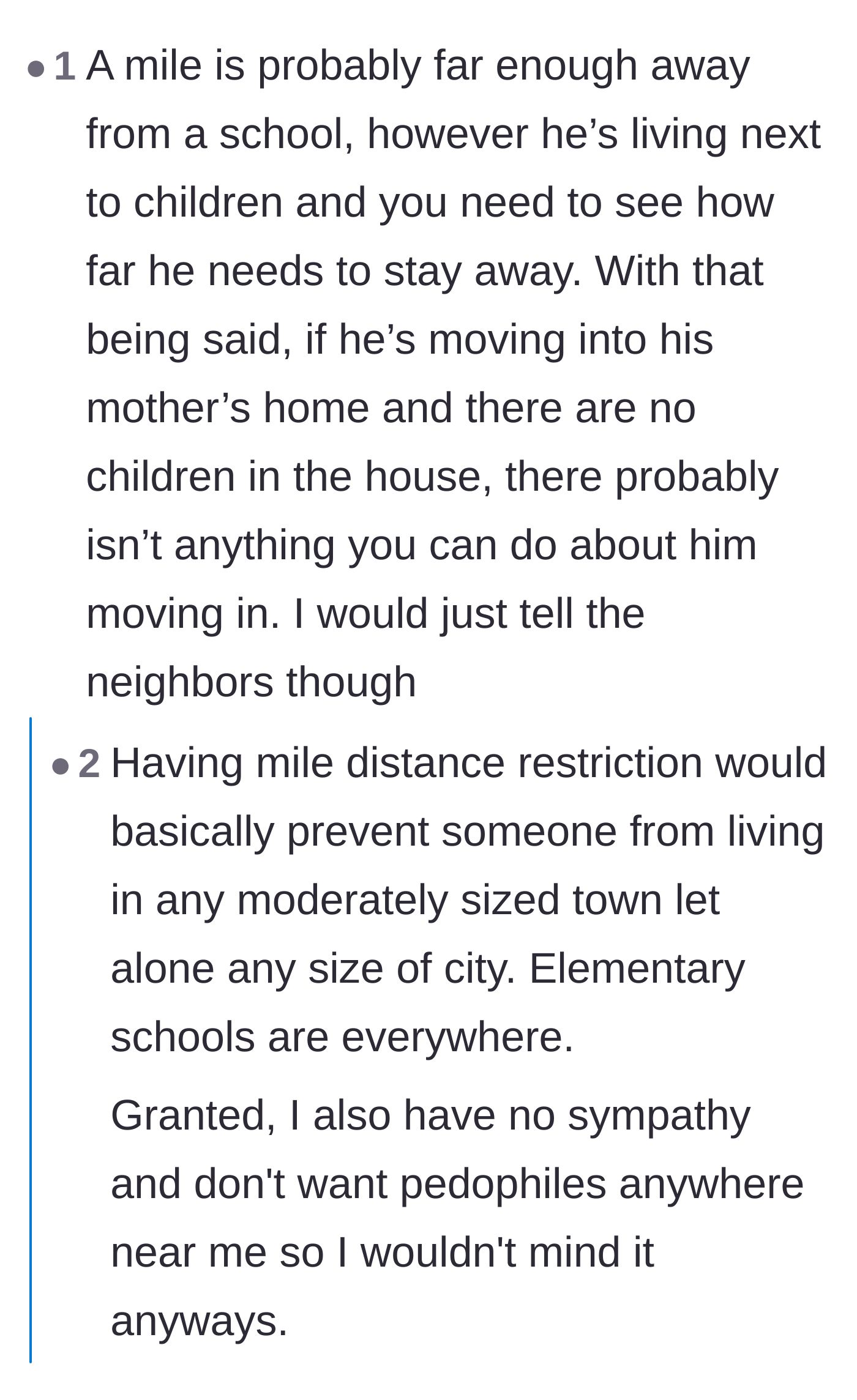 Comment thread 5 - A sobering breakdown of why residency restrictions often fail to keep offenders completely away from residential areas.