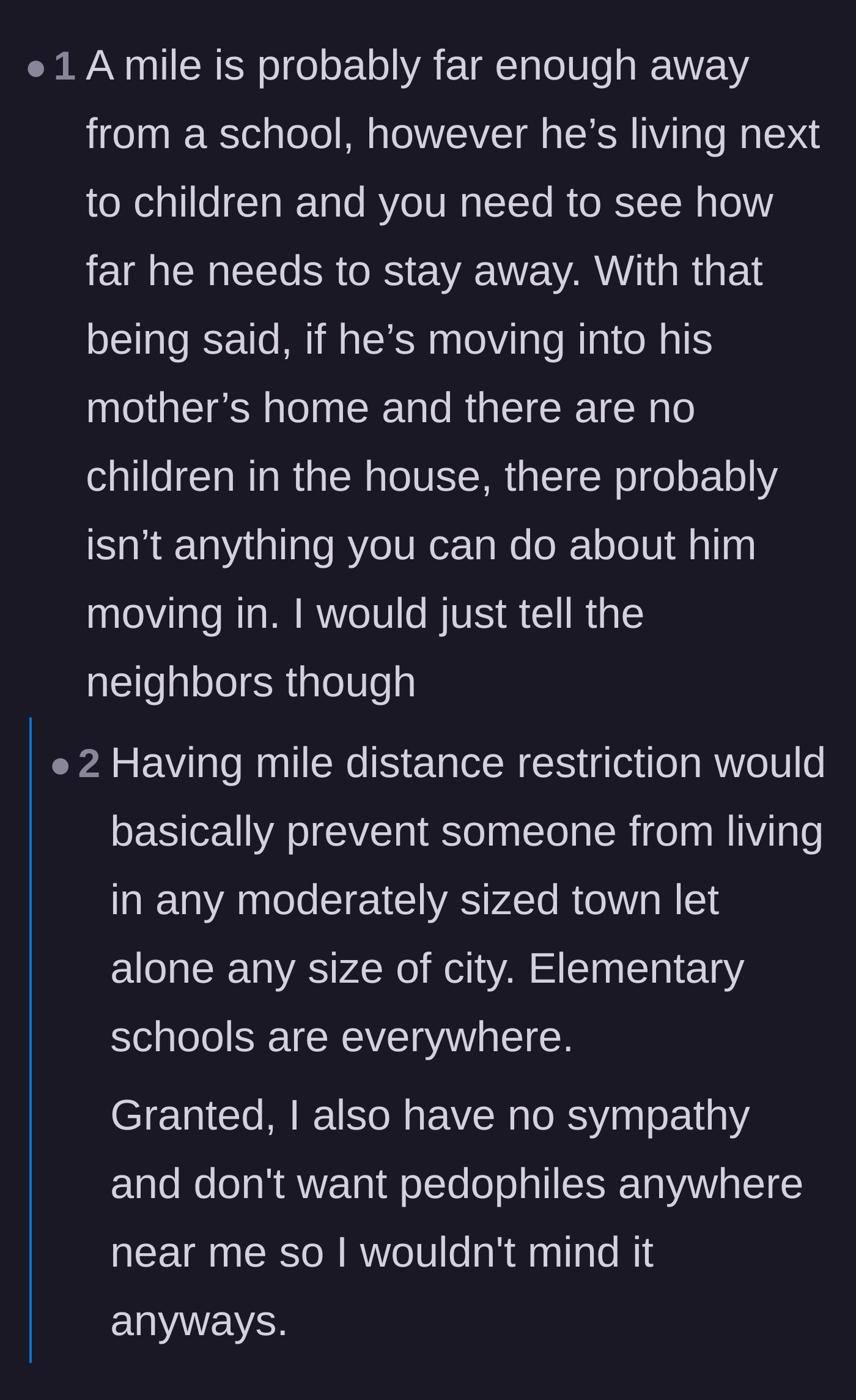 Comment thread 5 - A sobering breakdown of why residency restrictions often fail to keep offenders completely away from residential areas.