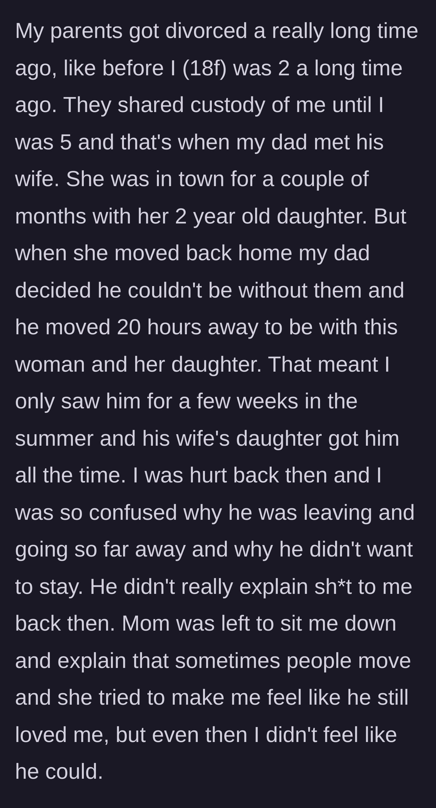 Story part 1 - A little girl waving goodbye as her father packs his bags to move 20 hours away.