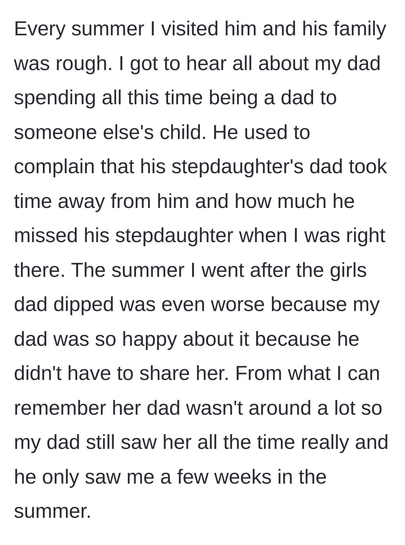 Story part 2 - A lonely young girl sitting on the sidelines while her dad dotes on his stepdaughter.